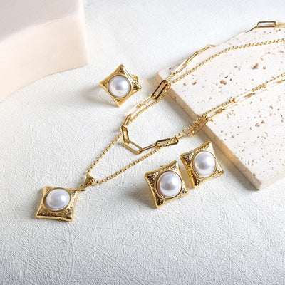Jewelry IG Style Simple Style Commute Rhombus 304 Stainless Steel Pearl Inlay Rings Earrings Necklace