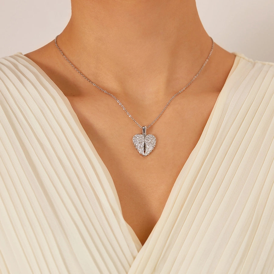 Jewelry Casual Elegant Heart Shape Wings 304 Stainless Steel Copper Zircon Pendant Necklace