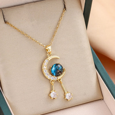 Jewelry Cute Queen Bridal Moon 316 Stainless Steel  Copper Zircon 18K Gold Plated Inlay Pendant Necklace