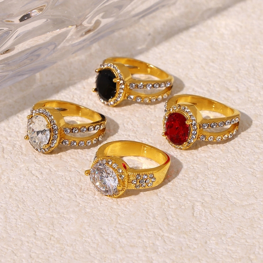 Jewelry Vintage Style Geometric Oval Titanium Steel Zircon 18K Gold Plated Inlay Rings