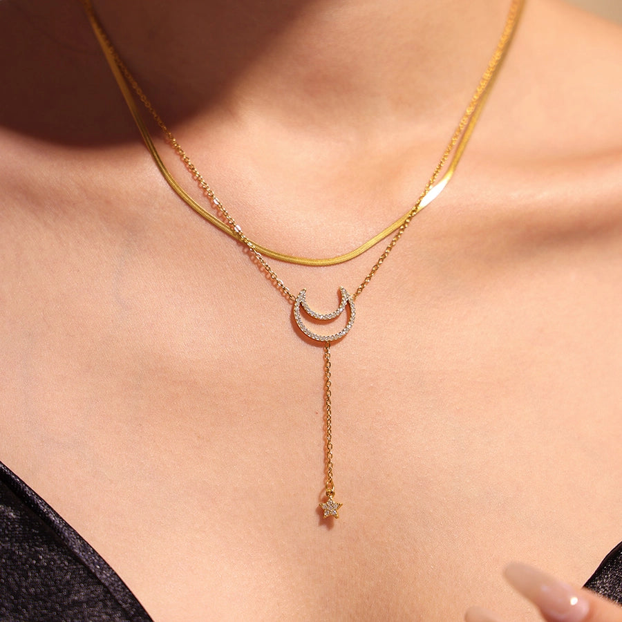 Jewelry Elegant Luxurious Vacation Moon Titanium Steel Rhinestones 18K Gold Plated Plating Jewelry Set