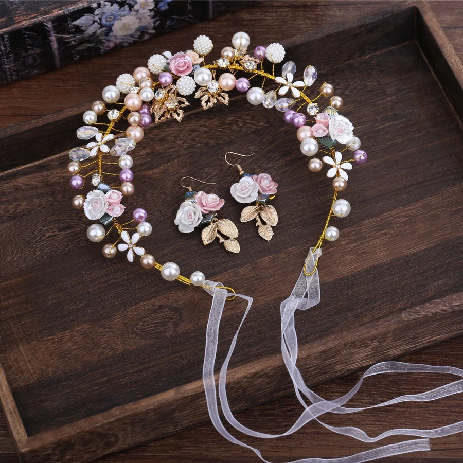 bridal headwear handmade pearl ceramic flower headband earrings set
