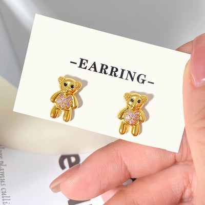 1 Pair Cute Bear Copper Zircon Ear Studs