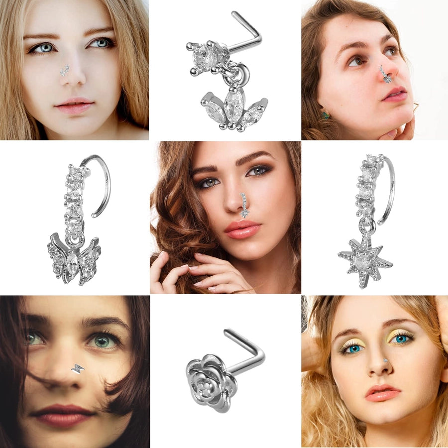 1 Set Nose Rings & Studs Y2K Shiny Star Butterfly Lightning 201 Stainless Steel Copper Inlay Zircon Nose Rings & Studs