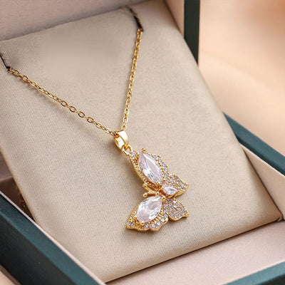 Jewelry Cute Queen Bridal Butterfly Titanium Steel Zircon 18K Gold Plated Inlay Pendant Necklace