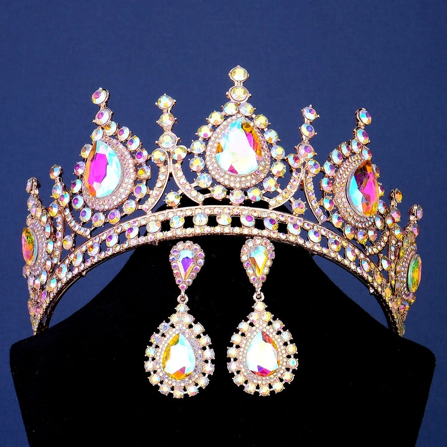 retro water droplets alloy hollow out inlay rhinestones crown earrings