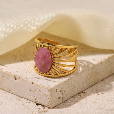Wholesale Jewelry Retro French Style Oval Titanium Steel Natural Stone 14K Gold Plated Plating Inlay Open Rings