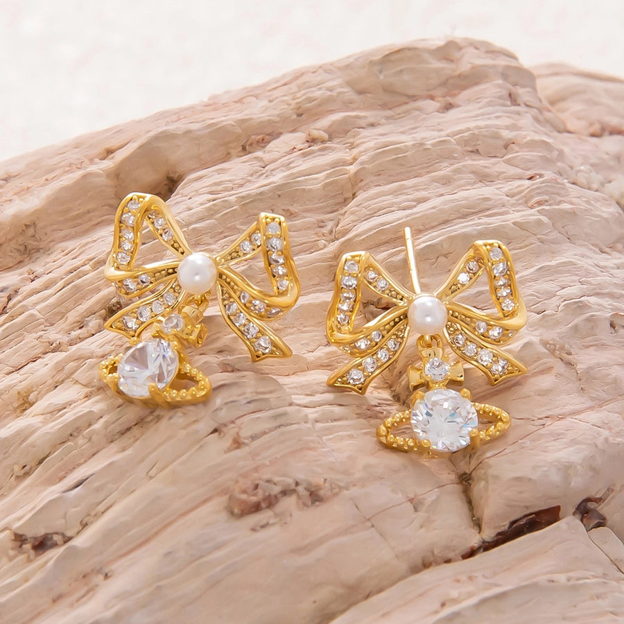 1 Pair Elegant Streetwear Bow Knot Plating Copper Zircon Drop Earrings Ear Studs