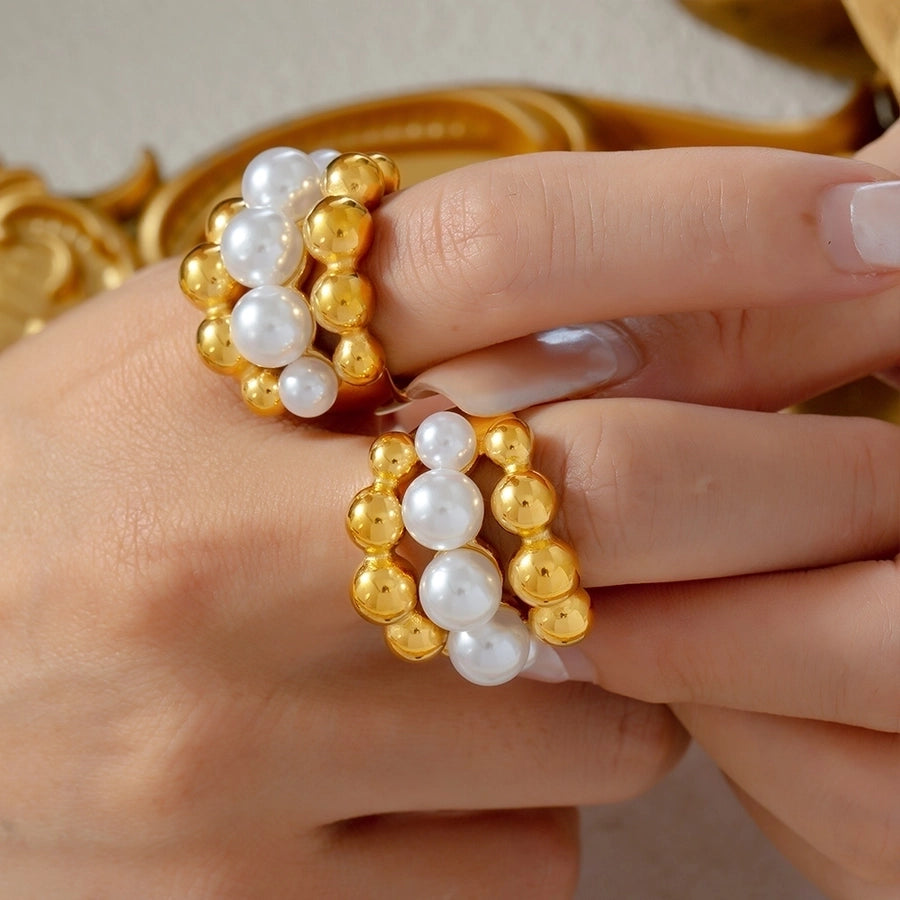 Jewelry Elegant French Style Round 304 Stainless Steel Artificial Pearls 18K Gold Plated Layered Inlay Rings
