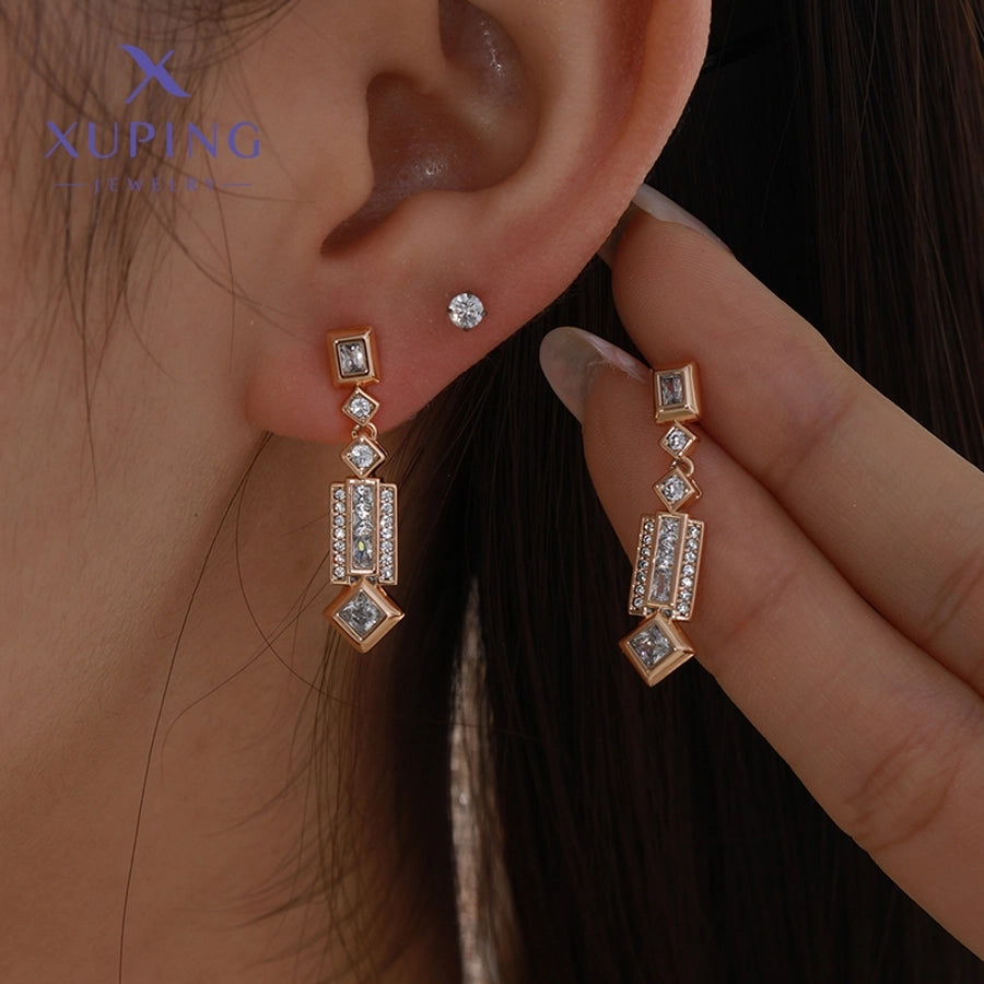 1 Pair Elegant XUPING Geometric Inlay Copper Artificial Gemstones 18K Gold Plated Drop Earrings