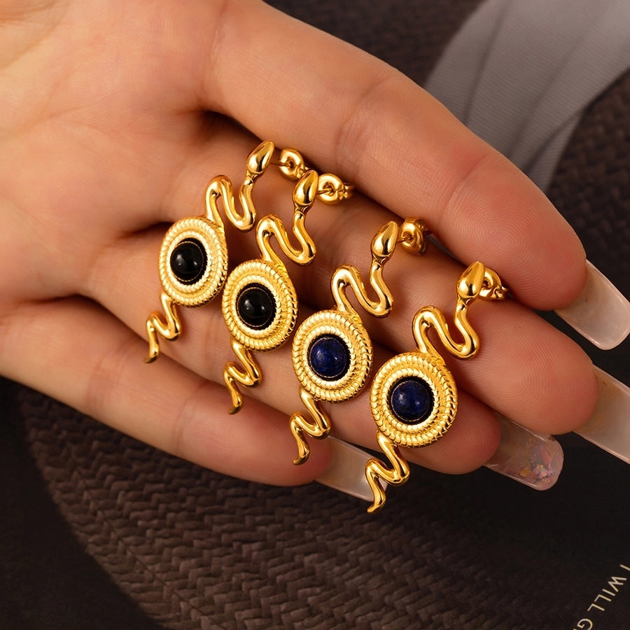 1 Pair Retro British Style Round Snake Plating Inlay 304 Stainless Steel Natural Stone Agate 18K Gold Plated Ear Studs
