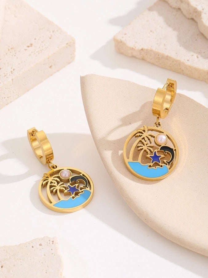 1 Pair Hawaiian IG Style Tree Ocean Painted Hollow Out Inlay Titanium Steel Artificial Pearls Turquoise 18K Gold Plated Drop Earrings