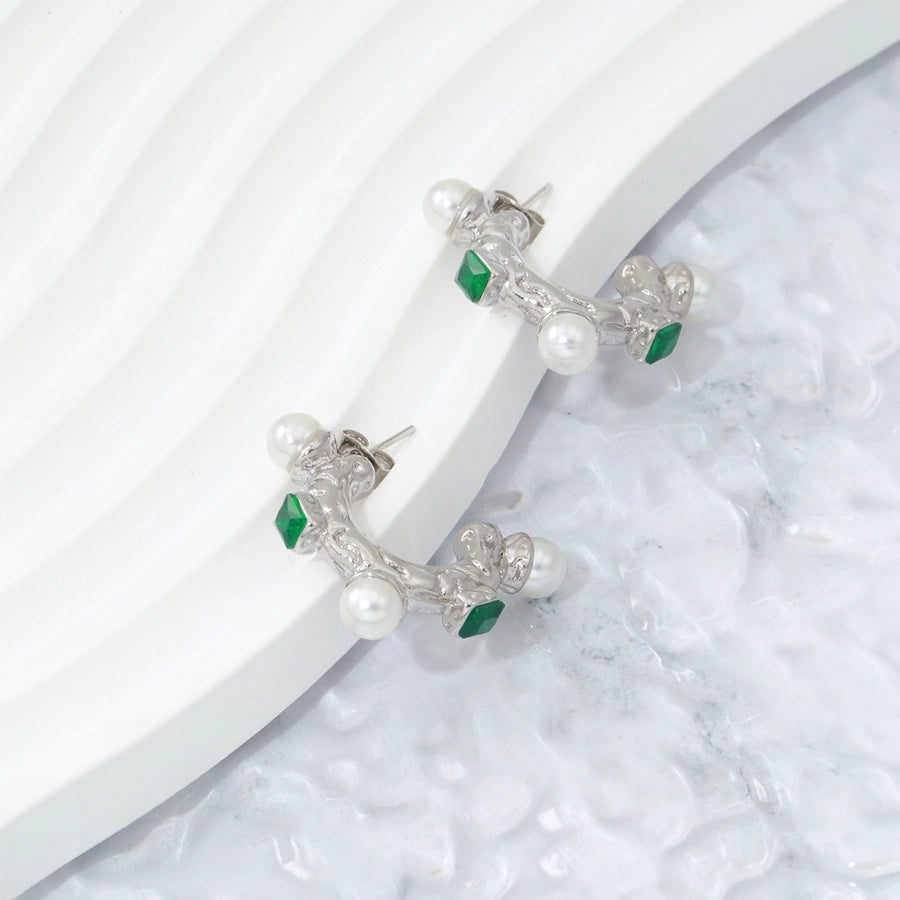 1 Pair Elegant C Shape Plating Inlay 304 Stainless Steel Artificial Pearls Zircon 18K Gold Plated Ear Studs