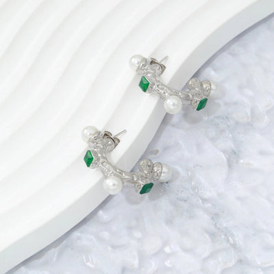 1 Pair Elegant C Shape Plating Inlay 304 Stainless Steel Artificial Pearls Zircon 18K Gold Plated Ear Studs