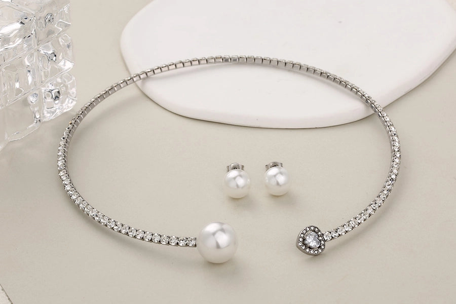 Jewelry Glam Luxurious Shiny Circle Square Heart Shape 304 Stainless Steel Imitation Pearl Rhinestone Jewelry Set