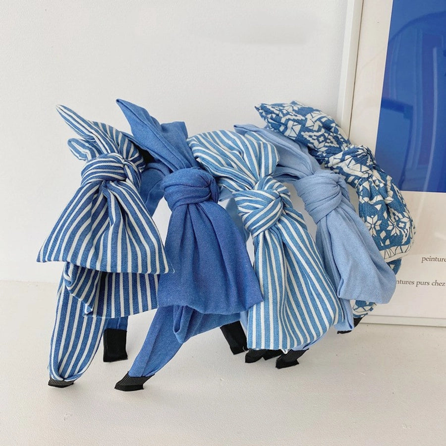 korean simple double-layer bow-knot denim  striped floral wide-brim headband