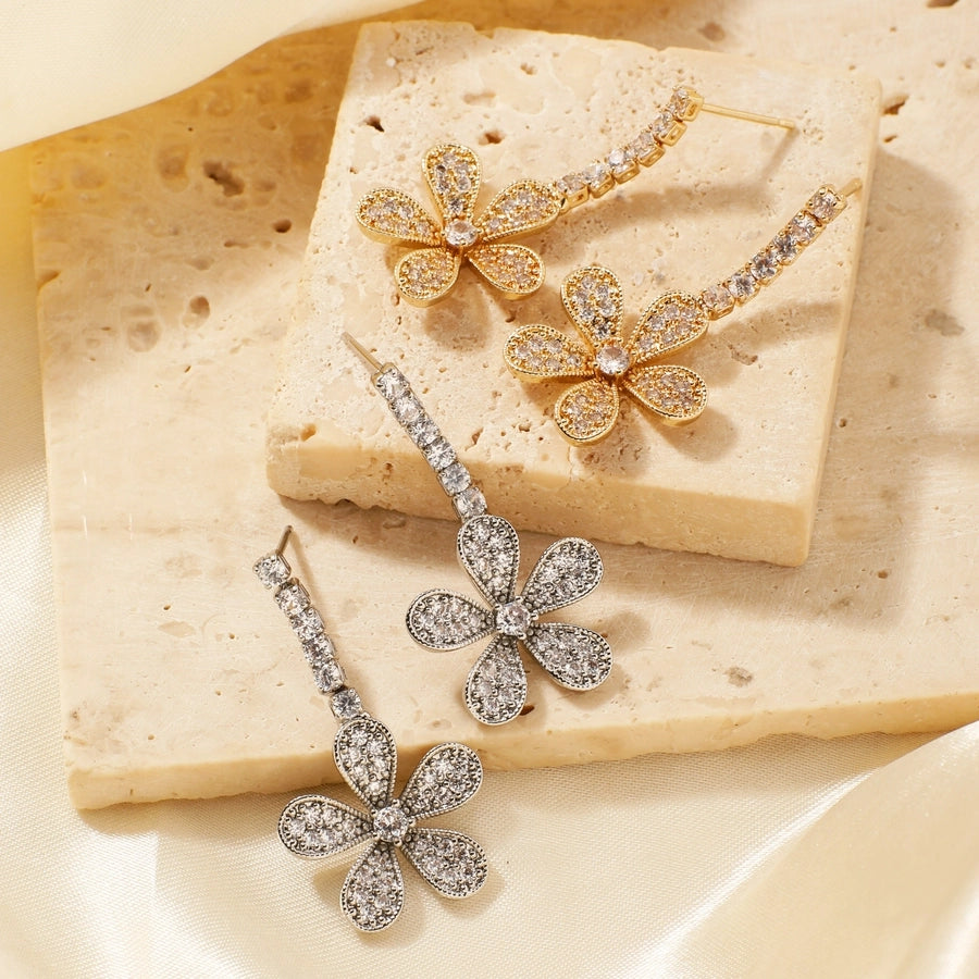 1 Pair Elegant Shiny Korean Style Geometric Water Droplets Flower Inlay Copper Glass Zircon K Gold Plated Rhodium Plated Ear clip