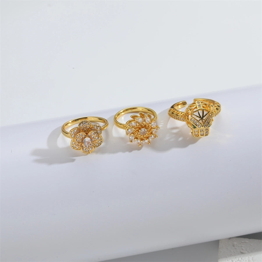 Jewelry Casual Cute Cat Flower Copper Zircon 14K Gold Plated Rings
