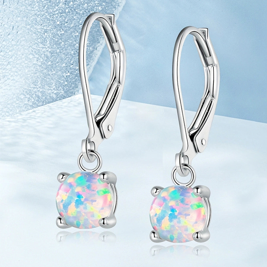 1 Pair of Simple  round Opal Earrings, Copper Plated with Real Gold