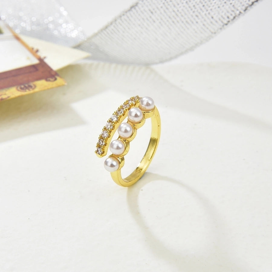 Copper Plating 18K Color Retaining Glossy Zircon Imitation Pearl Open Ring