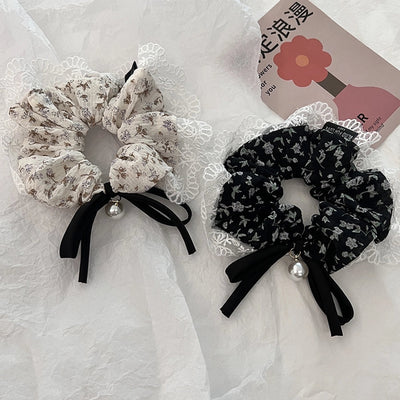 Women's Japanese Style Sweet Flower Cloth Handmade Pearl Lace Hair Tie