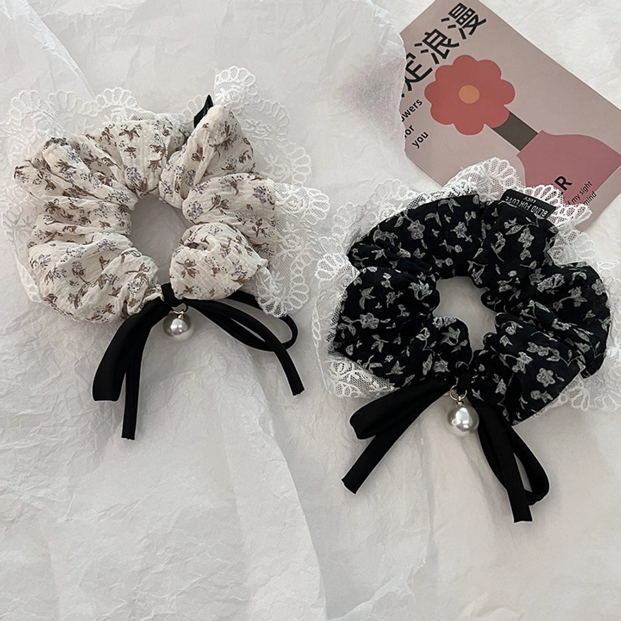 Women's Japanese Style Sweet Flower Cloth Handmade Pearl Lace Hair Tie