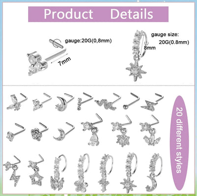 1 Set Nose Rings & Studs Y2K Shiny Star Butterfly Lightning 201 Stainless Steel Copper Inlay Zircon Nose Rings & Studs