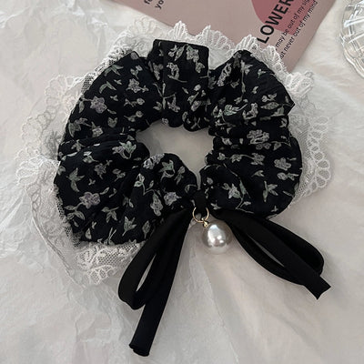 Women's Japanese Style Sweet Flower Cloth Handmade Pearl Lace Hair Tie