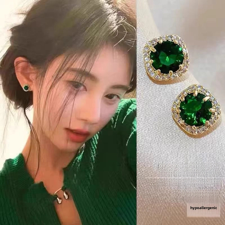 Ju Jingyi  Emerald Ear Stud Women's Advanced Design Sense Ear Clip Earrings  Sterling Silver Ear Accessories Anti-allergic Moisture