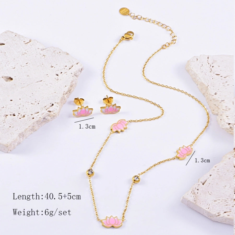 Jewelry Sweet Flower Titanium Steel Gold Plated Epoxy Plating Bracelets Jewelry Set