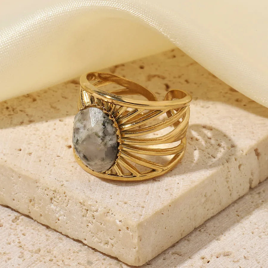 Wholesale Jewelry Retro French Style Oval Titanium Steel Natural Stone 14K Gold Plated Plating Inlay Open Rings