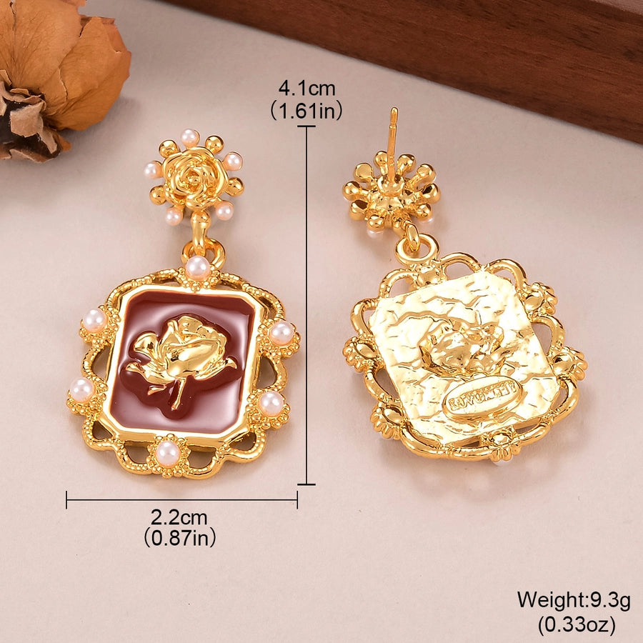 1 Pair Retro Simple Style Rose Inlay Alloy Artificial Pearls Gold Plated Drop Earrings