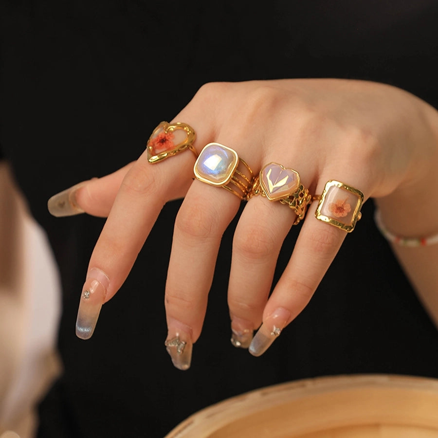 Jewelry IG Style Elegant Sweet Square Heart Shape 304 Stainless Steel Fritillary 14K Gold Plated Plating Inlay Open Rings