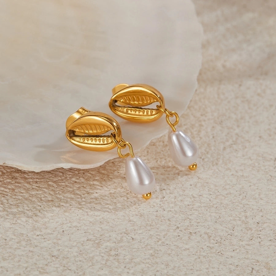 1 Pair Casual Modern Style Simple Style Geometric Shell Plating 304 Stainless Steel Imitation Pearl 18K Gold Plated Drop Earrings