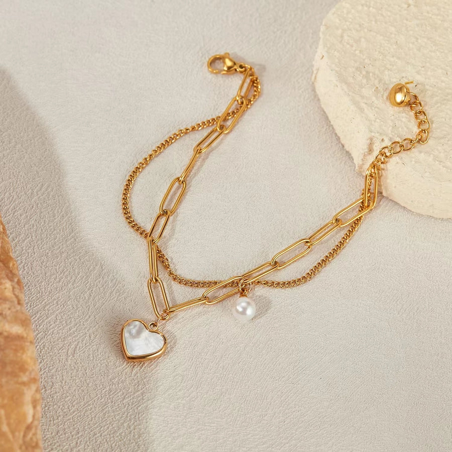 Casual Simple Style Heart Shape Titanium Steel 18K Gold Plated Artificial Pearls Shell Paperclip Chain Bracelets In Bulk