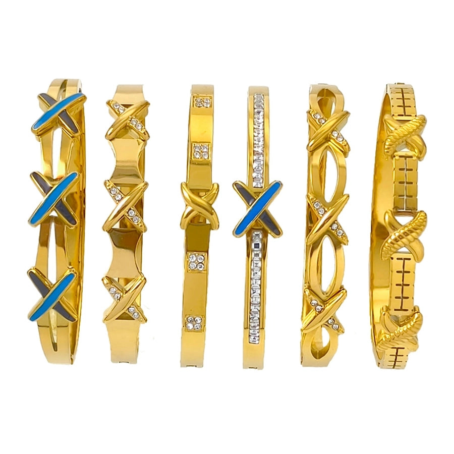 Elegant Nordic Style Vacation cross Row Brick Hollow Out Titanium Steel Gold Plated Zircon Bangle In Bulk