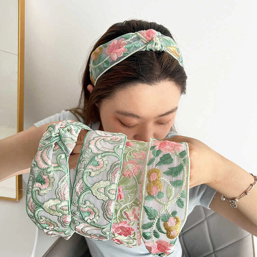 New Ethnic Style Cotton and Linen Embroidery Floral New Chinese Style Hairband Bow Hairpin Headband Wide-brimmed Hair Accessories for Women