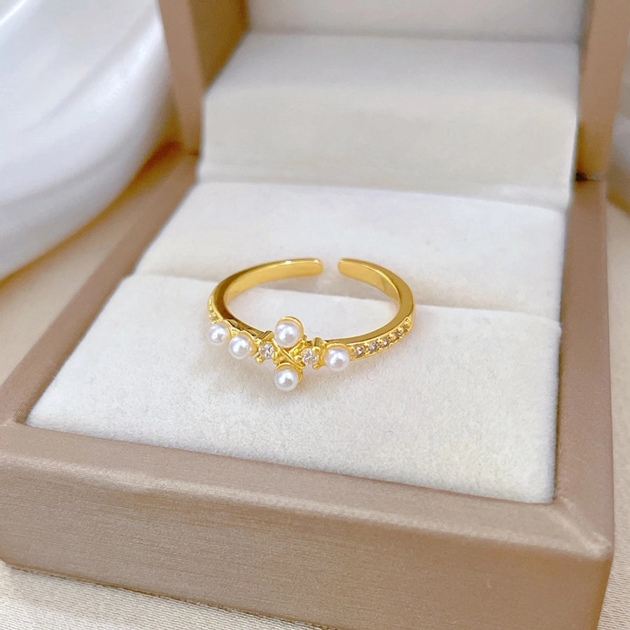 Brass Gold Plated Geometric Artificial Pearls Zircon Brass Rings