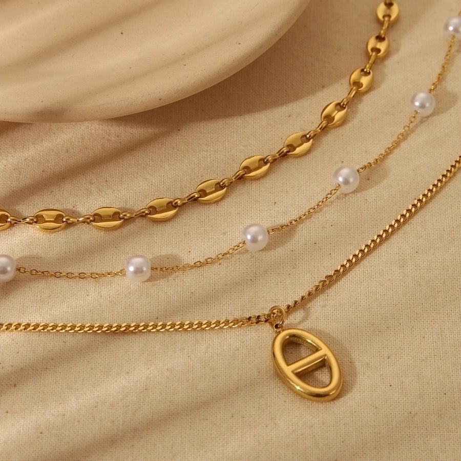 Jewelry Vintage Style Geometric Heart Shape 304 Stainless Steel 18K Gold Plated Plating Three Layer Necklace