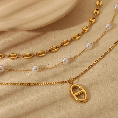 Jewelry Vintage Style Geometric Heart Shape 304 Stainless Steel 18K Gold Plated Plating Three Layer Necklace