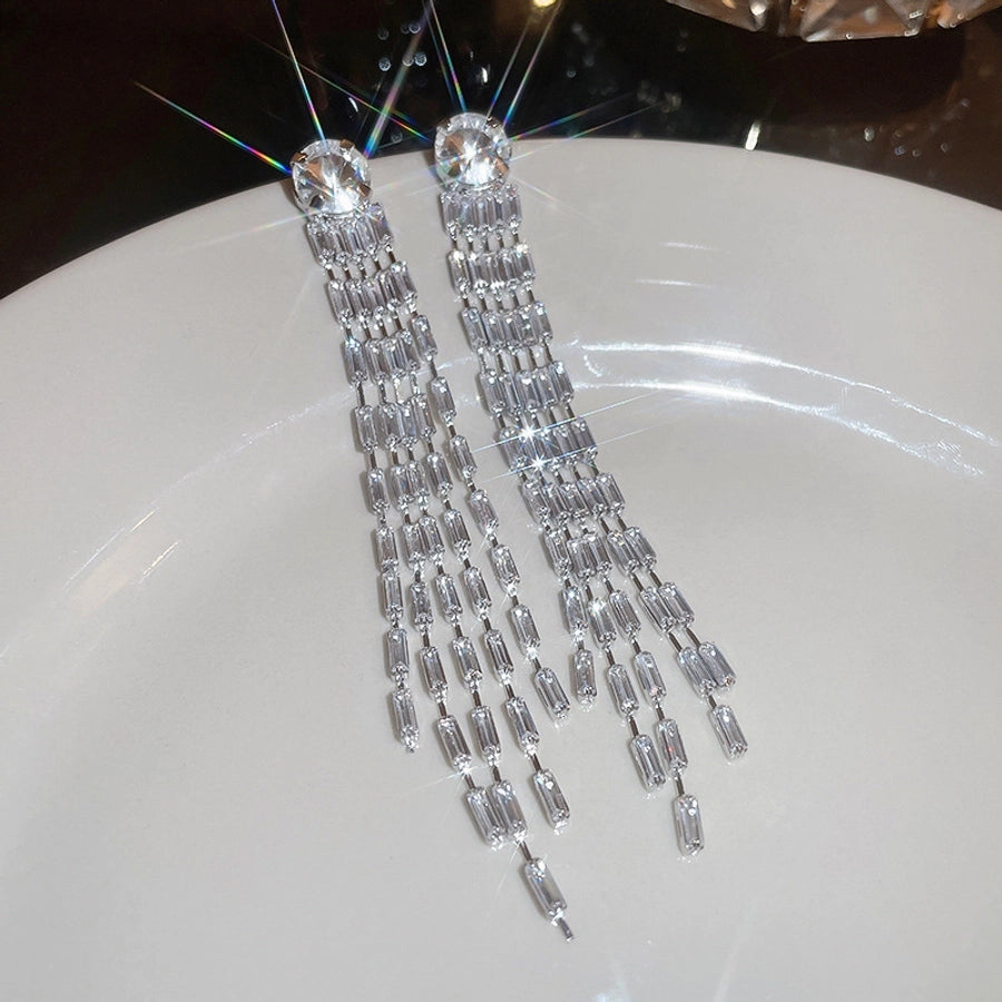 1 Pair Elegant Lady Geometric Tassel Copper Rhinestones Drop Earrings