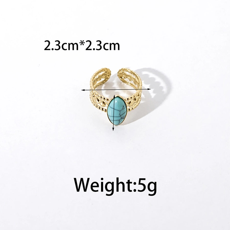 Jewelry Elegant Vintage Style Simple Style Oval 304 Stainless Steel Turquoise 14K Gold Plated Plating Hollow Out Stainless Steel Rings