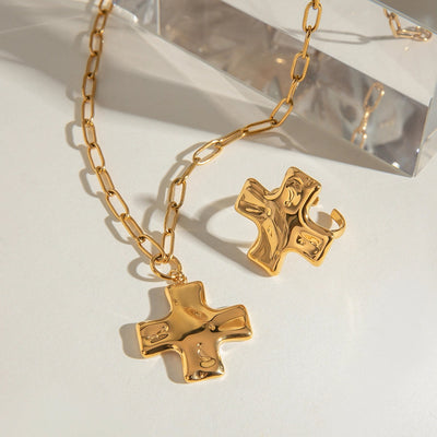18K Gold Stainless Steel Hammer Pattern Oil Pressure Cross Pendant Clip Chain Necklace