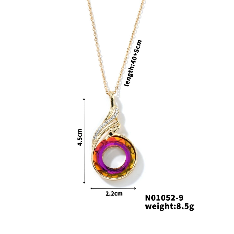 304 Stainless Steel Copper K Gold Plated Inlay Phoenix Round Crystal Zircon Pendant Necklace