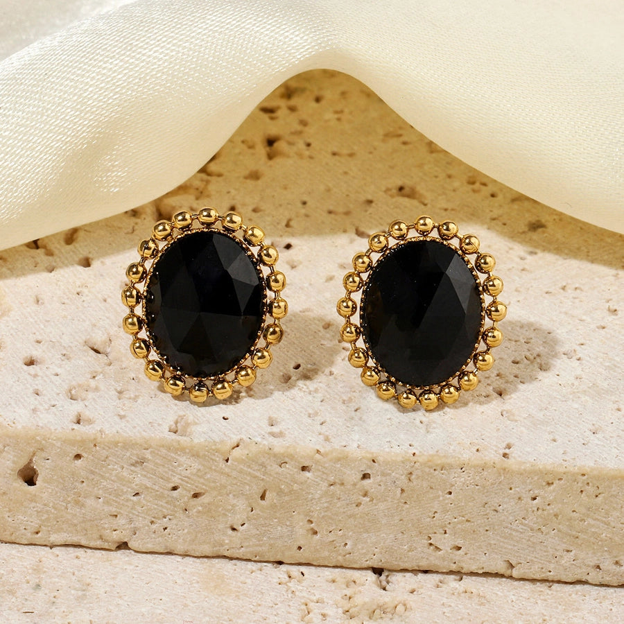 One Pack and Two Pairs Retro French Style Geometric Plating Titanium Steel Natural Stone 14K Gold Plated Ear Studs