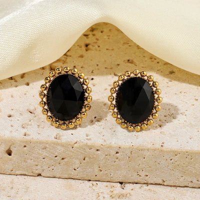 One Pack and Two Pairs Retro French Style Geometric Plating Titanium Steel Natural Stone 14K Gold Plated Ear Studs