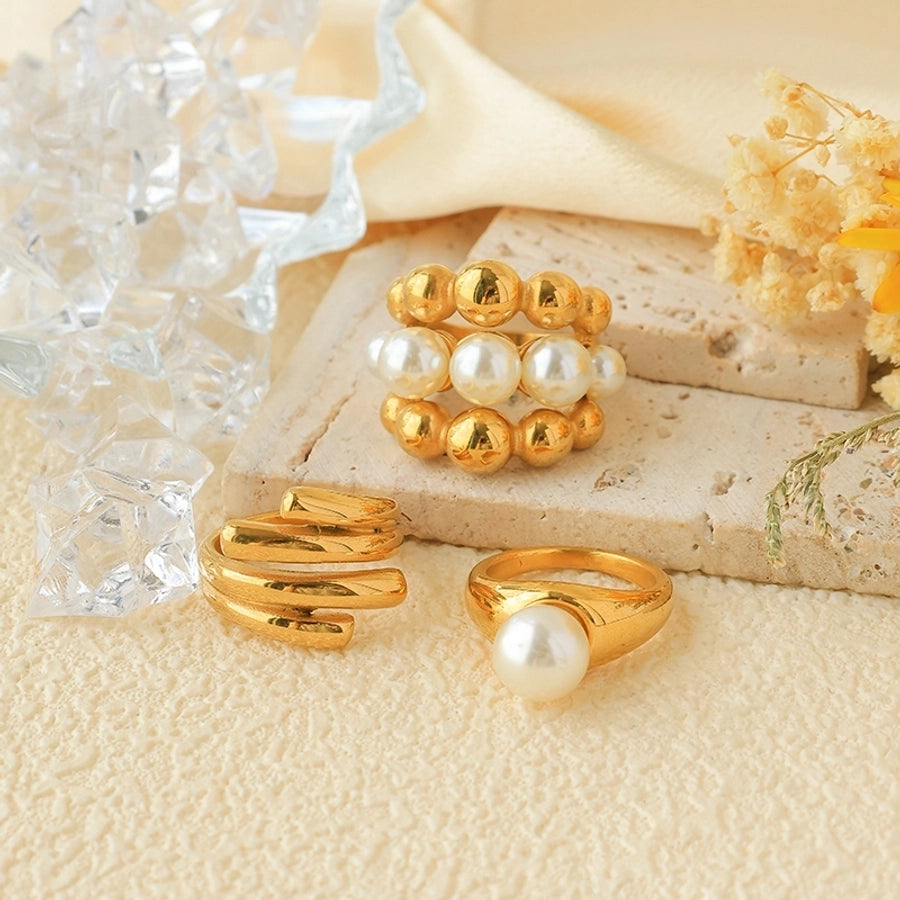 Jewelry Simple Style Classic Style Commute Geometric 304 Stainless Steel Pearl 14K Gold Plated Inlay Rings