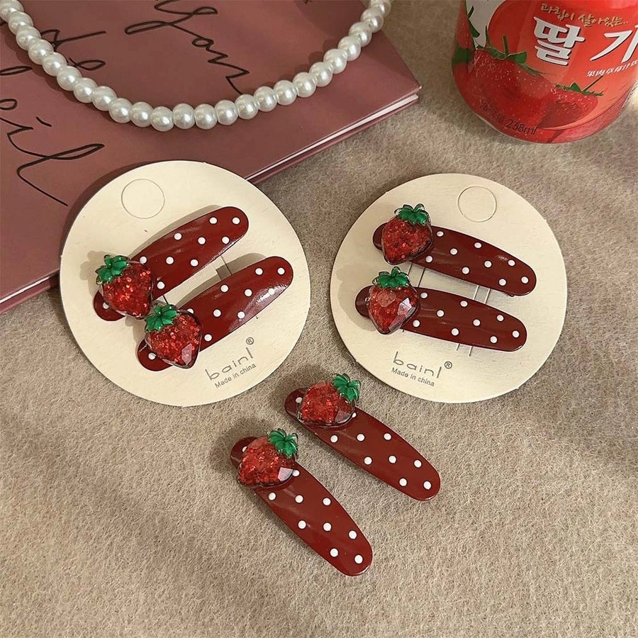 Sweet Women's Polka Dots Strawberry Alloy Inlay Rhinestones Hair Clip