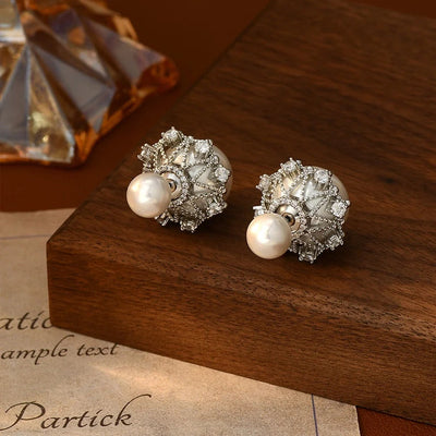 1 Pair Glam Luxurious French Style Flower Inlay Copper Freshwater Pearl Zircon 18K Gold Plated Ear Studs
