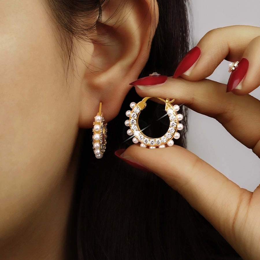 1 Pair Elegant Classical Sweet Circle Inlay Copper Freshwater Pearl Zircon 18K Gold Plated Earrings